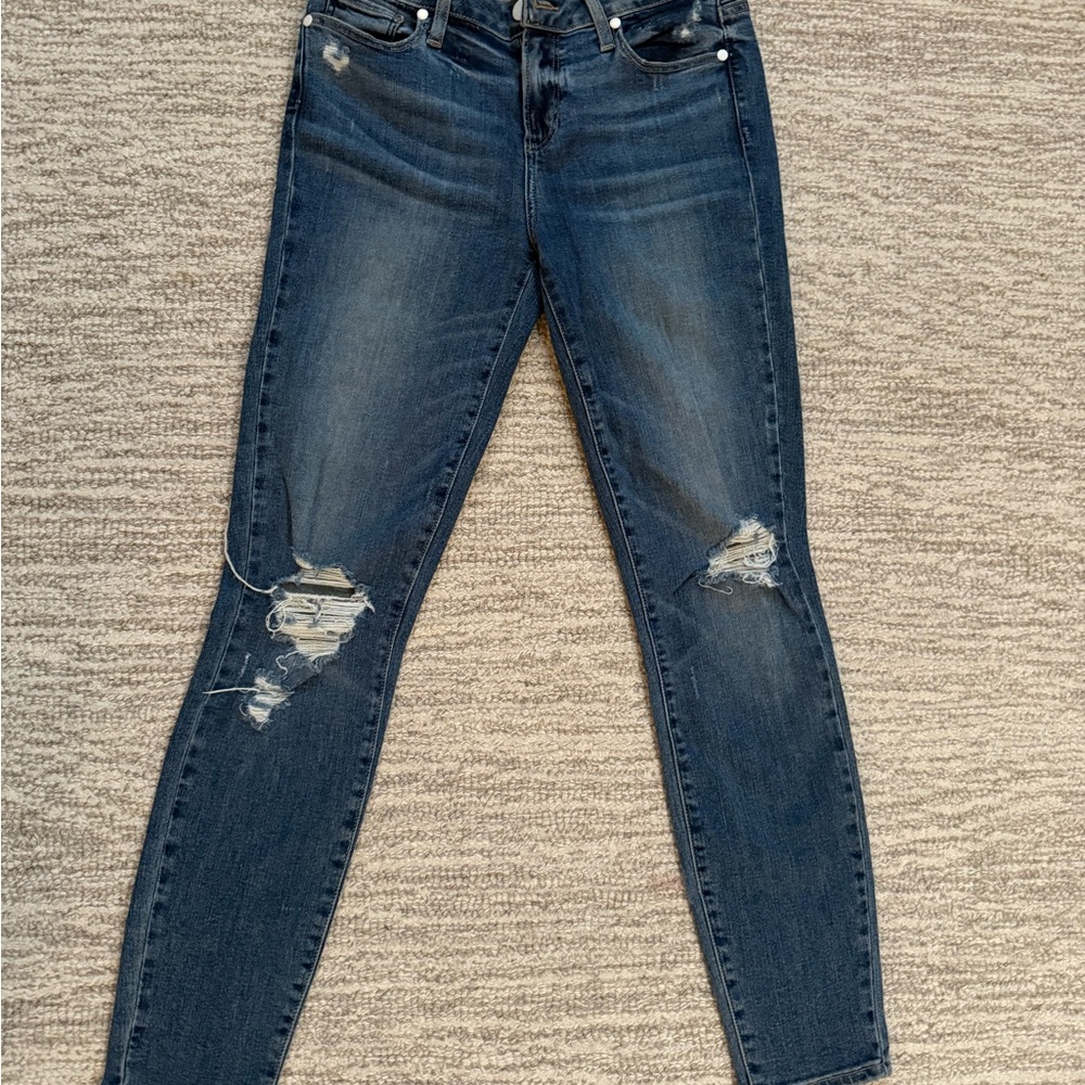 PAIGE Women's High Rise Distressed Blue Jeans